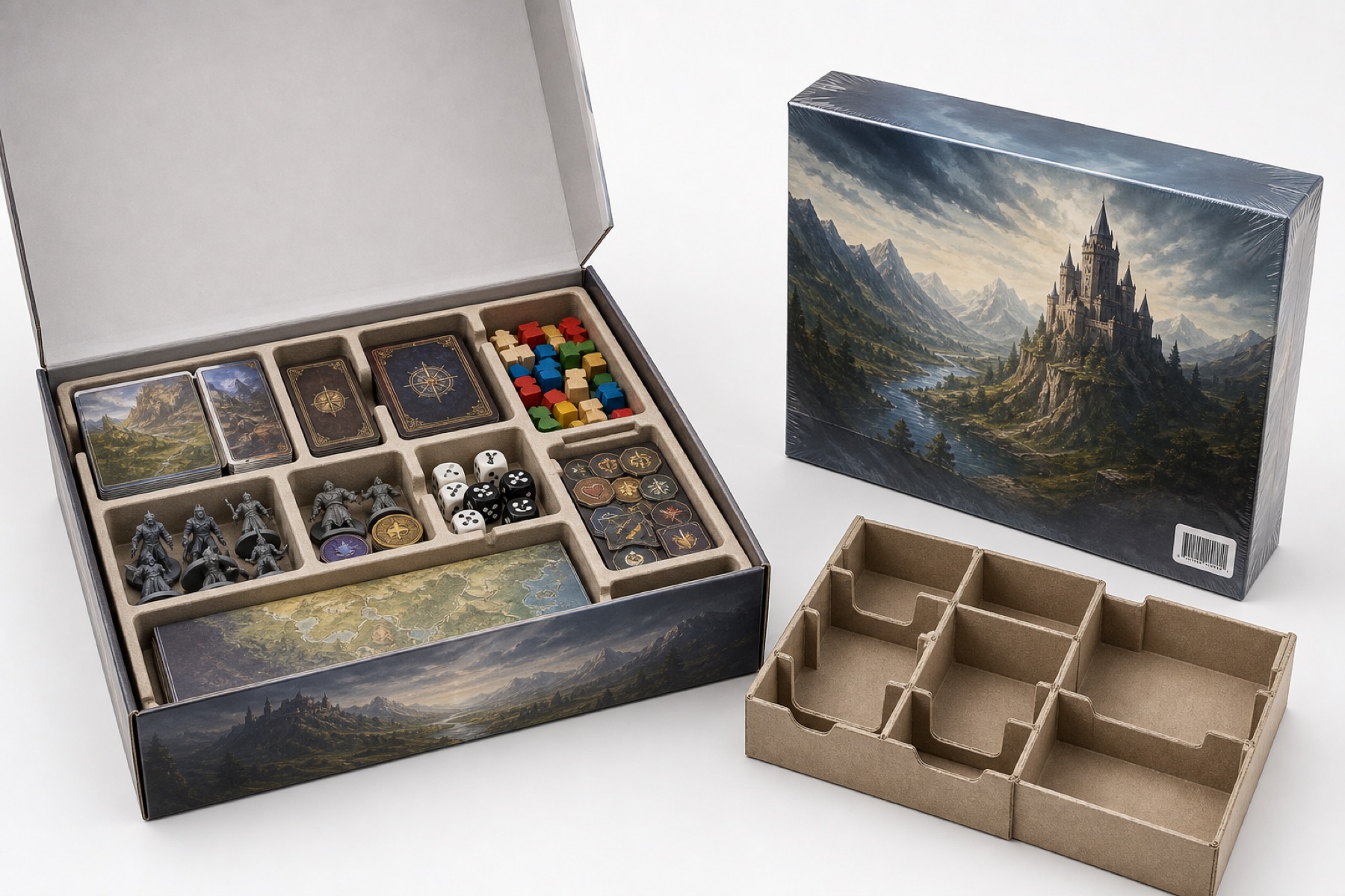 Custom board game insert organizing cards, dice, tokens and miniatures