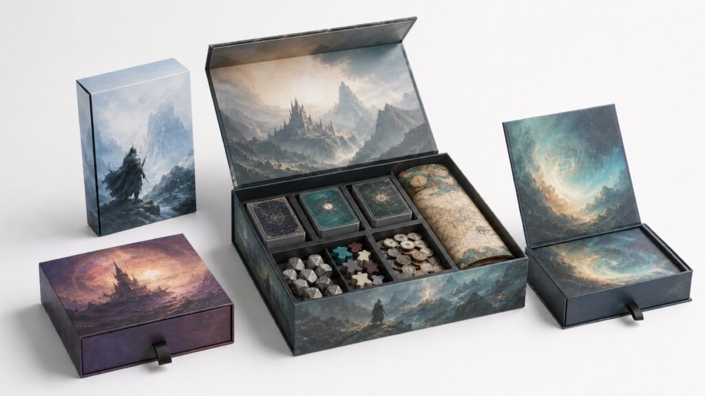 Custom board game packaging with three shrink-wrapped card decks