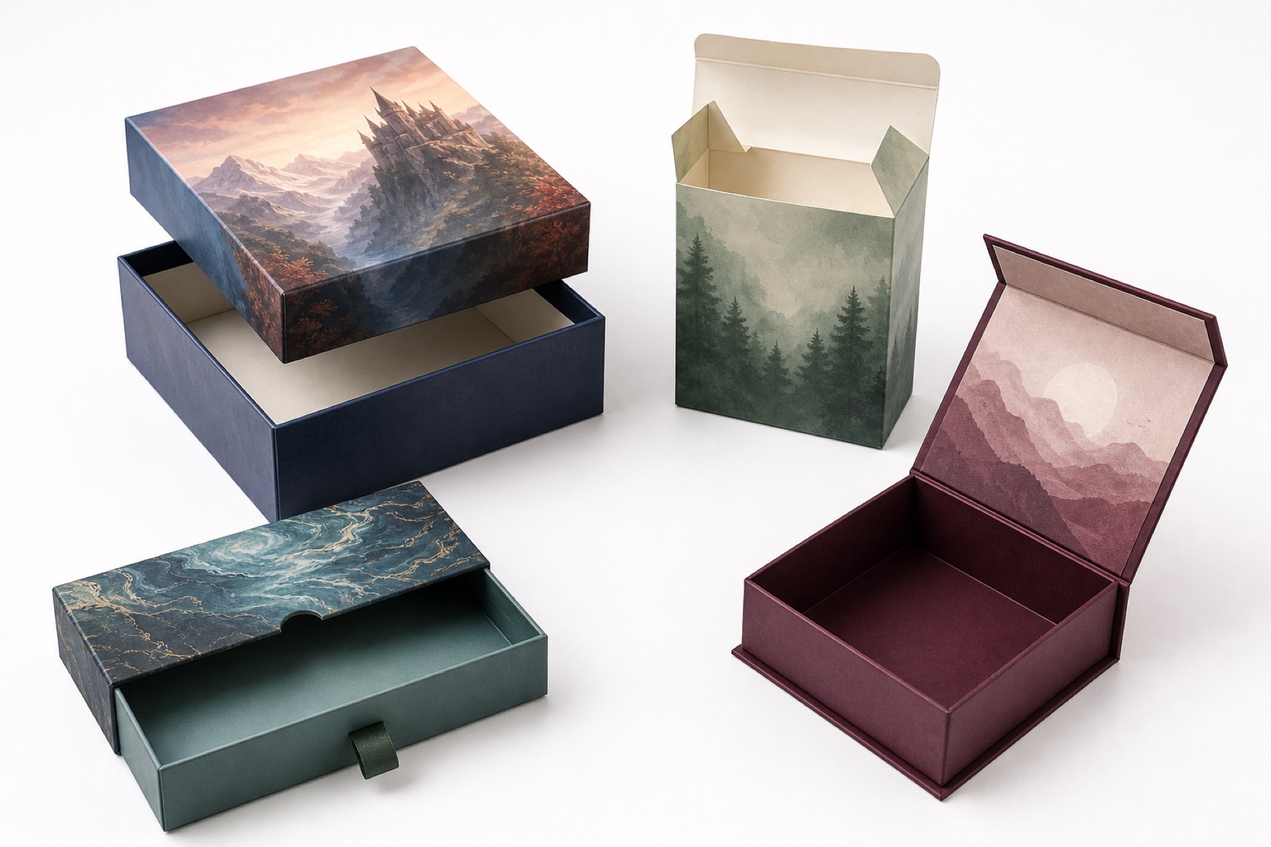 Two-piece rigid, tuck, drawer and magnetic custom board game boxes