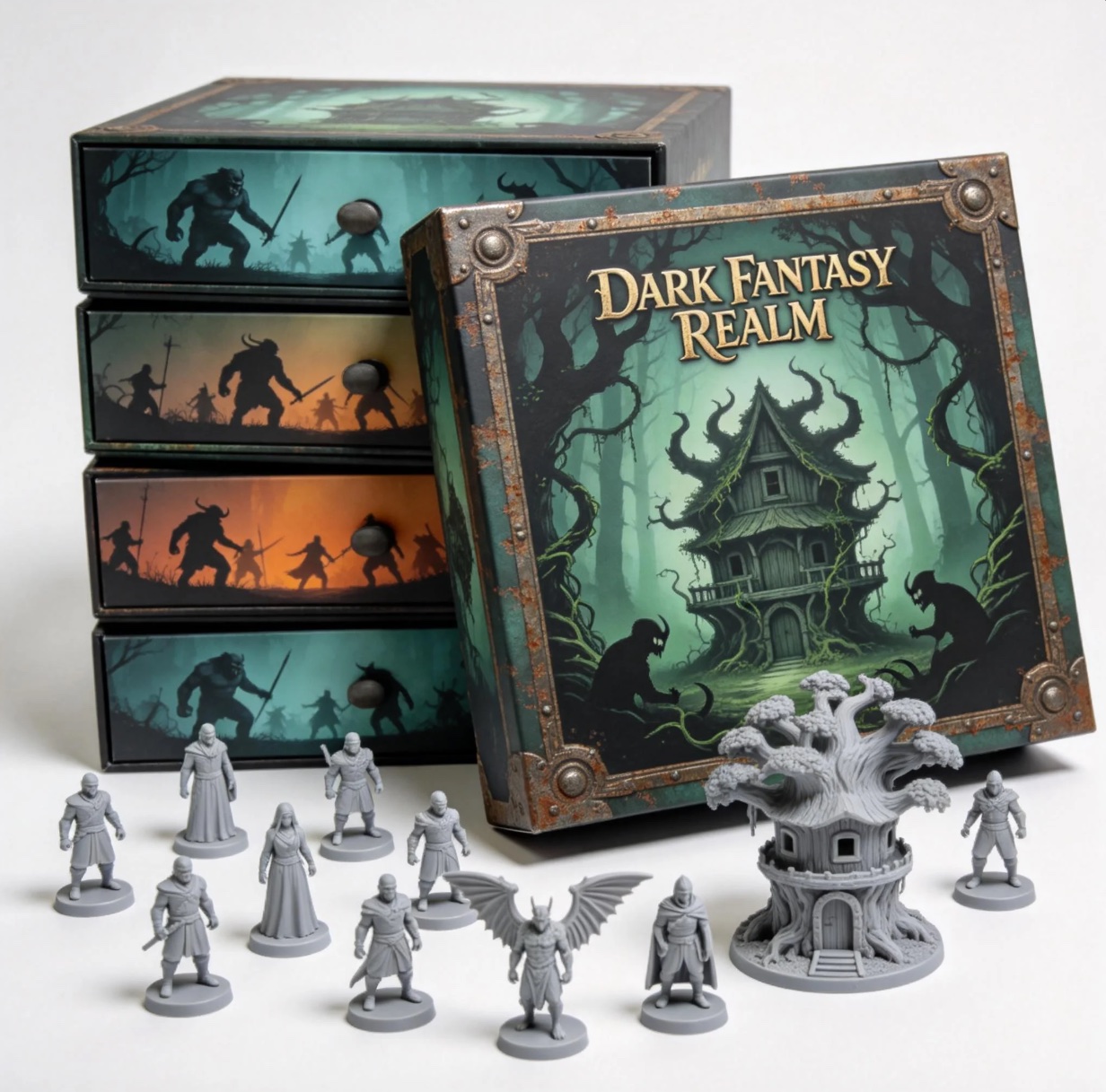 Custom tabletop game box with miniatures and components