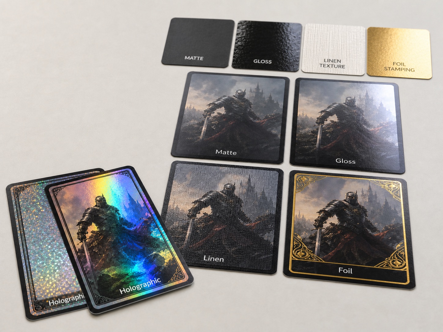 Custom TCG card stock with matte, gloss, linen, foil and holographic finishes