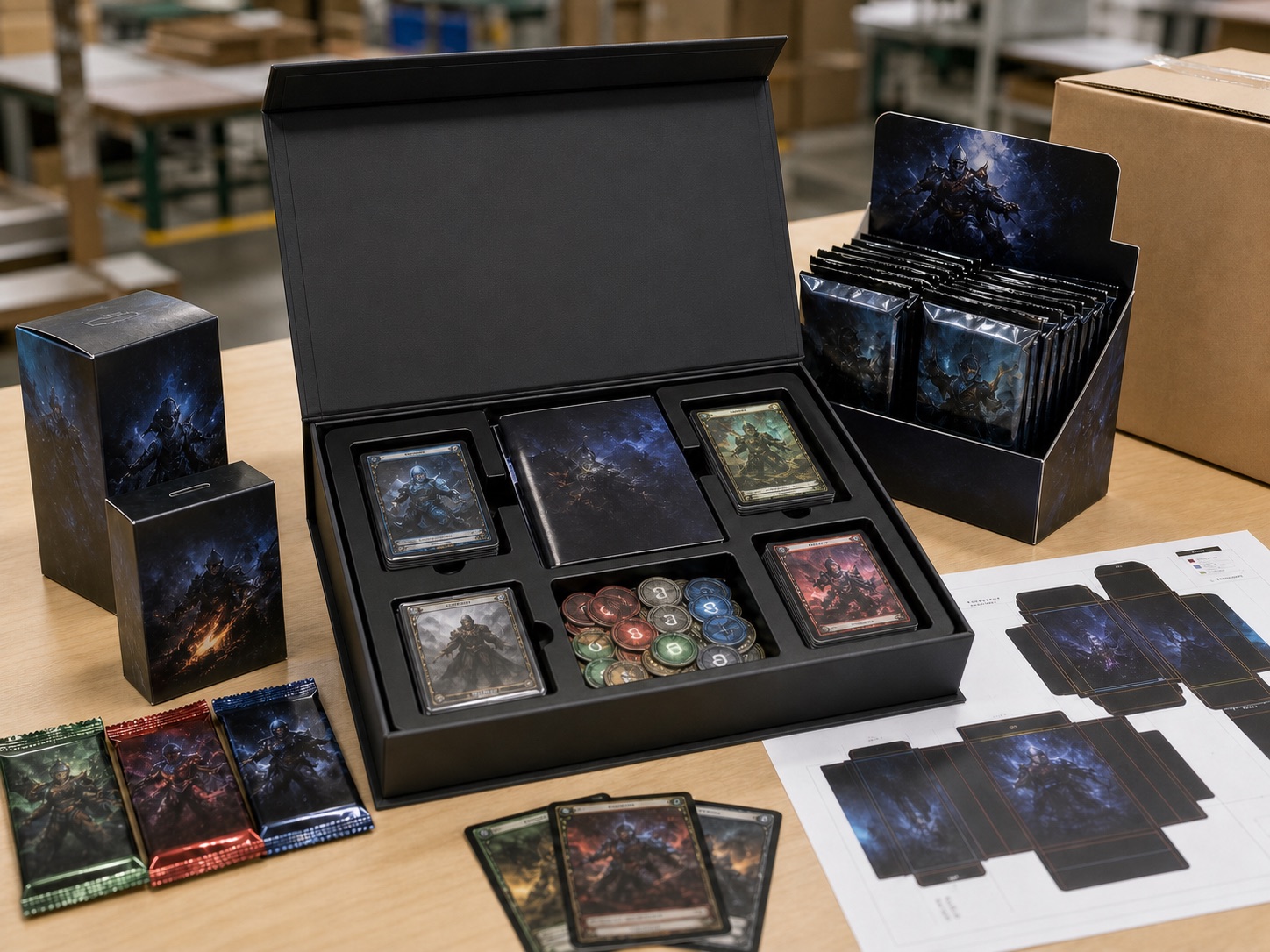 Custom TCG rigid box packaging with cards and game components