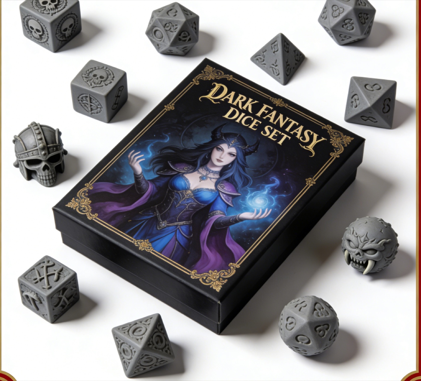 PRODUCTS Custom TTRPG dice and card game components with printed game box