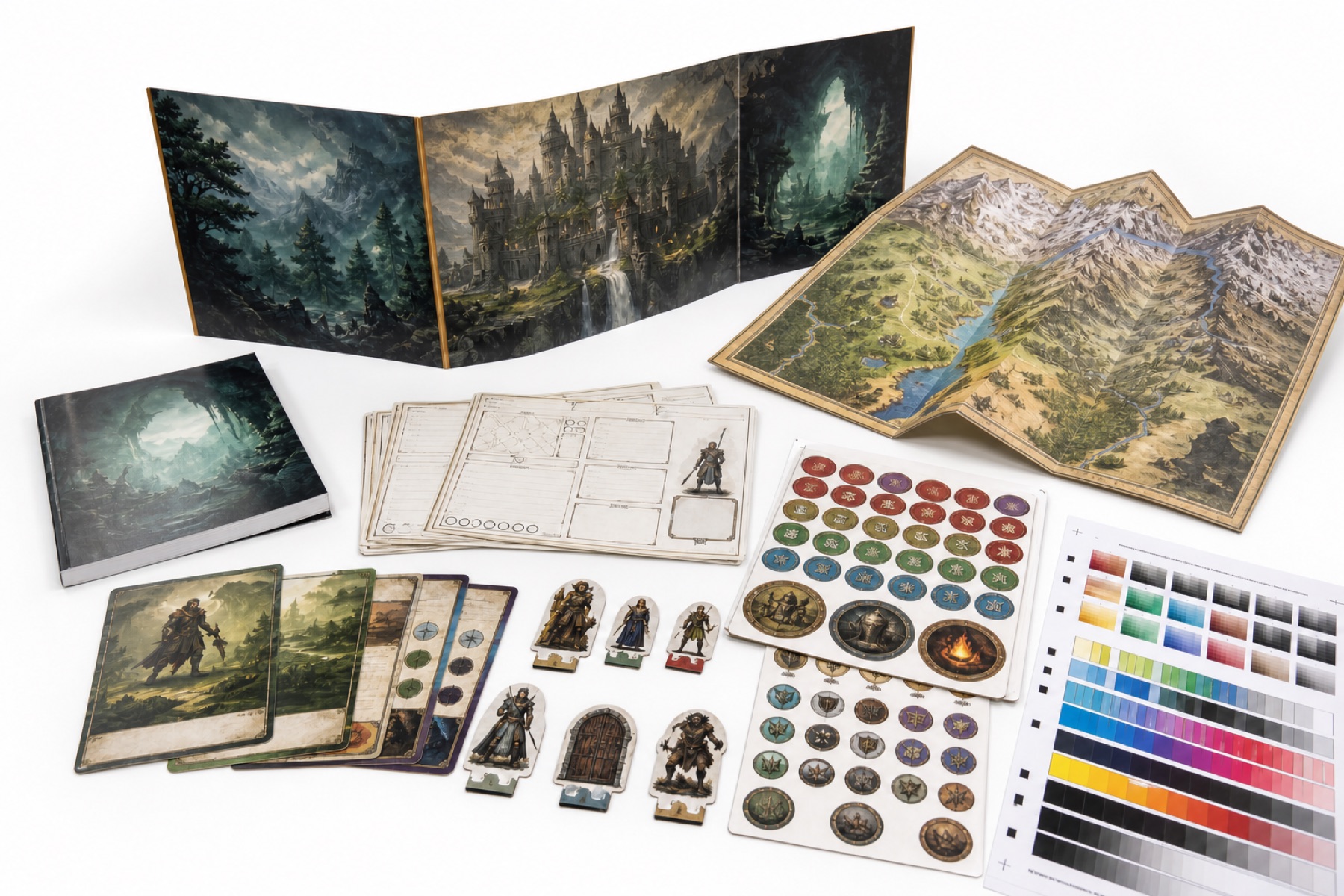 Custom TTRPG GM screen, map, character sheets, cards and player aids