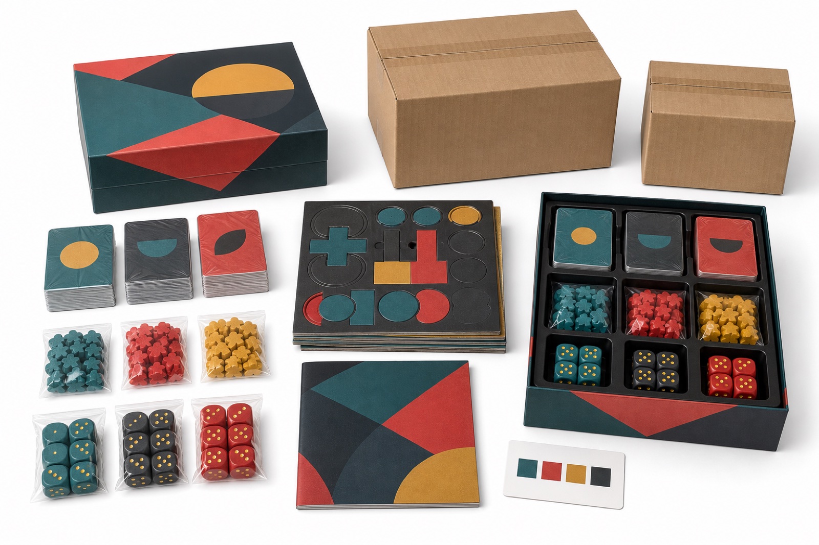 Board game components arranged for assembly, quality control and final packing