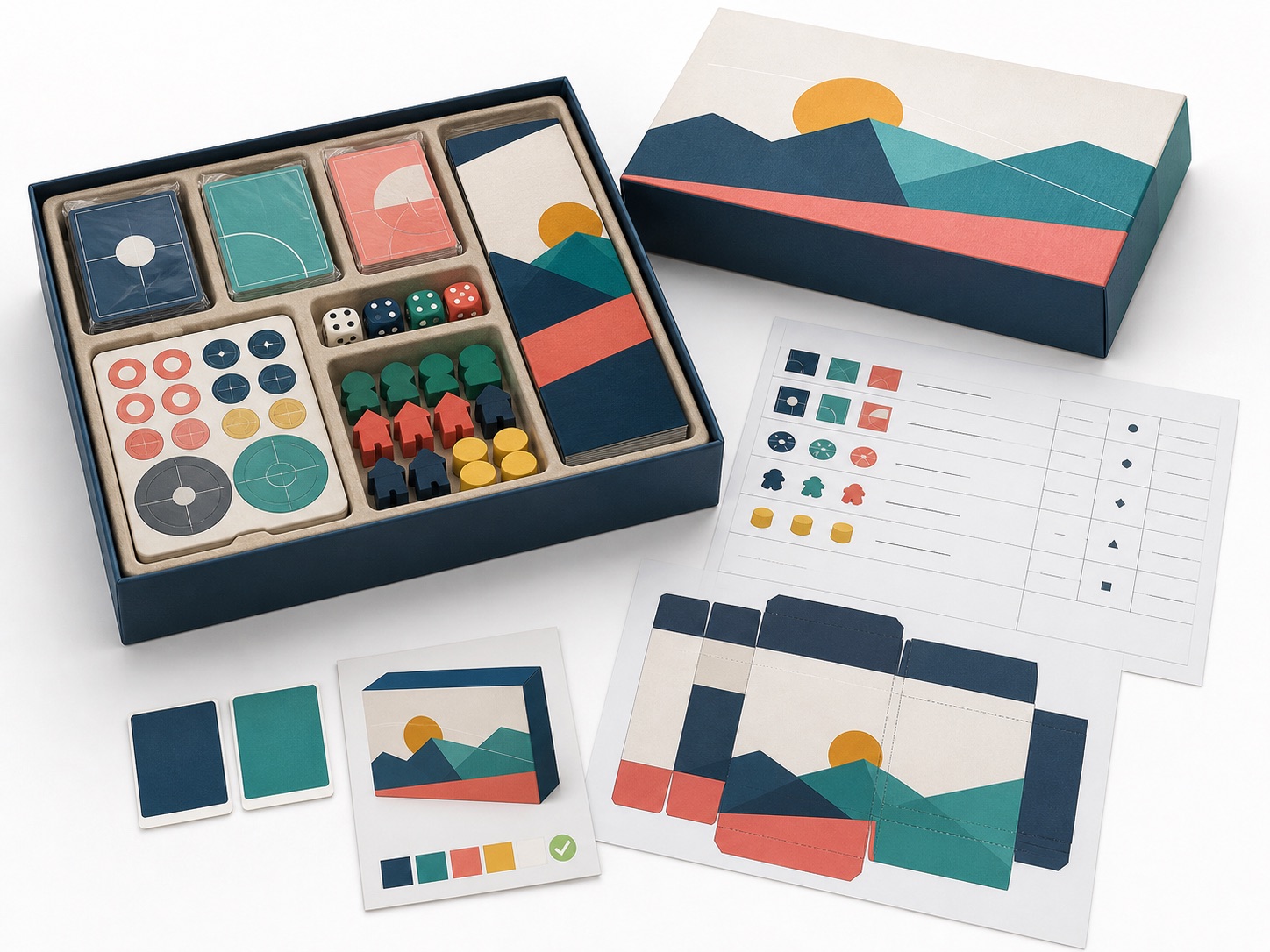 Board game box, fitted insert, components, BOM and packaging dieline prepared for manufacturing