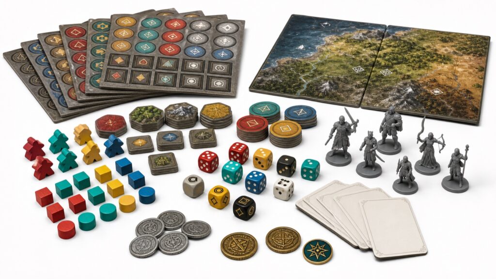 Custom board game components including tokens, dice, wooden pieces and metal accessories