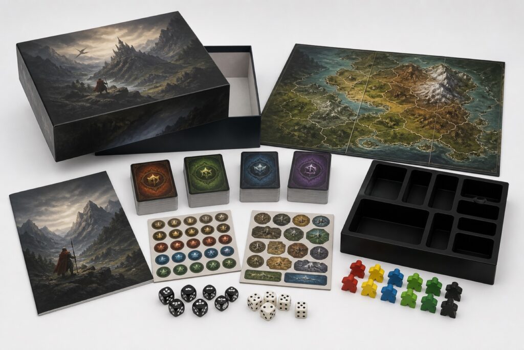Custom board game manufacturing cost factors including cards, board, dice, tokens and packaging