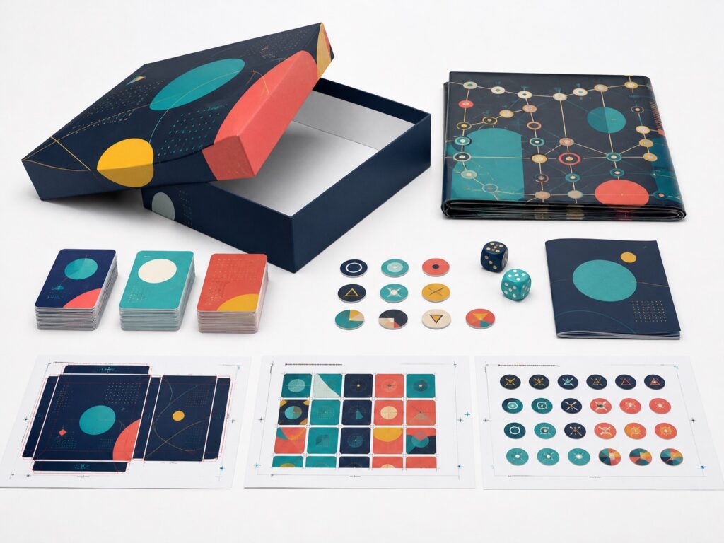Board game manufacturing files displayed with cards, board, tokens, dice, rulebook and packaging