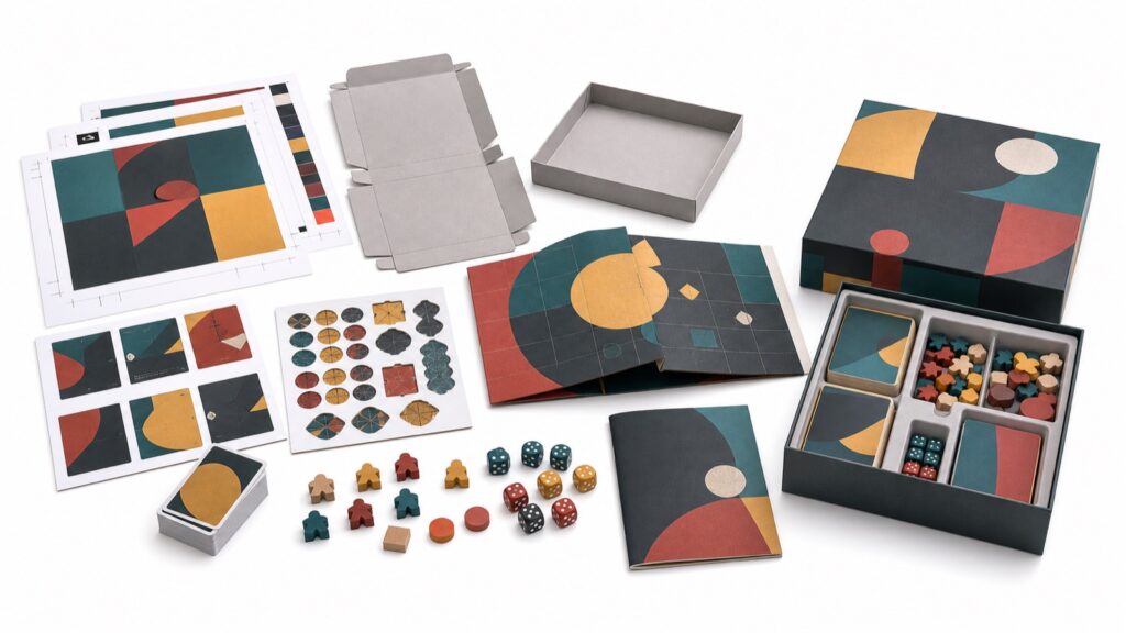Board game manufacturing process from artwork and components to an assembled finished game