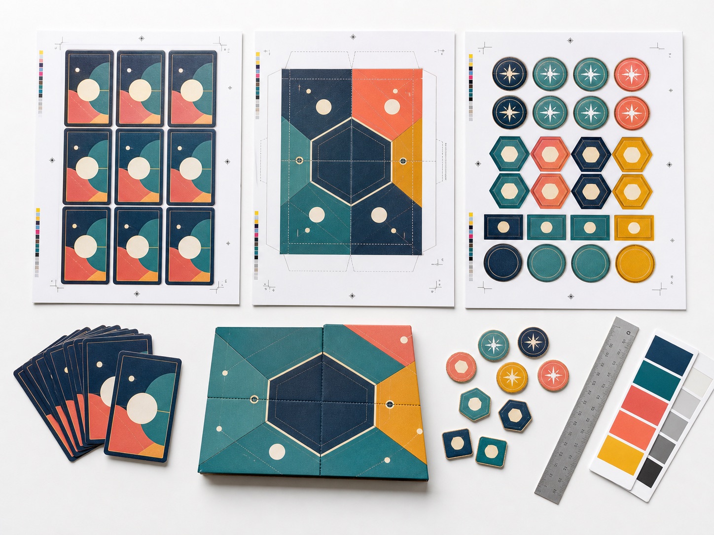 Print-ready board game artwork with card layouts, board panels and punchboard token dielines