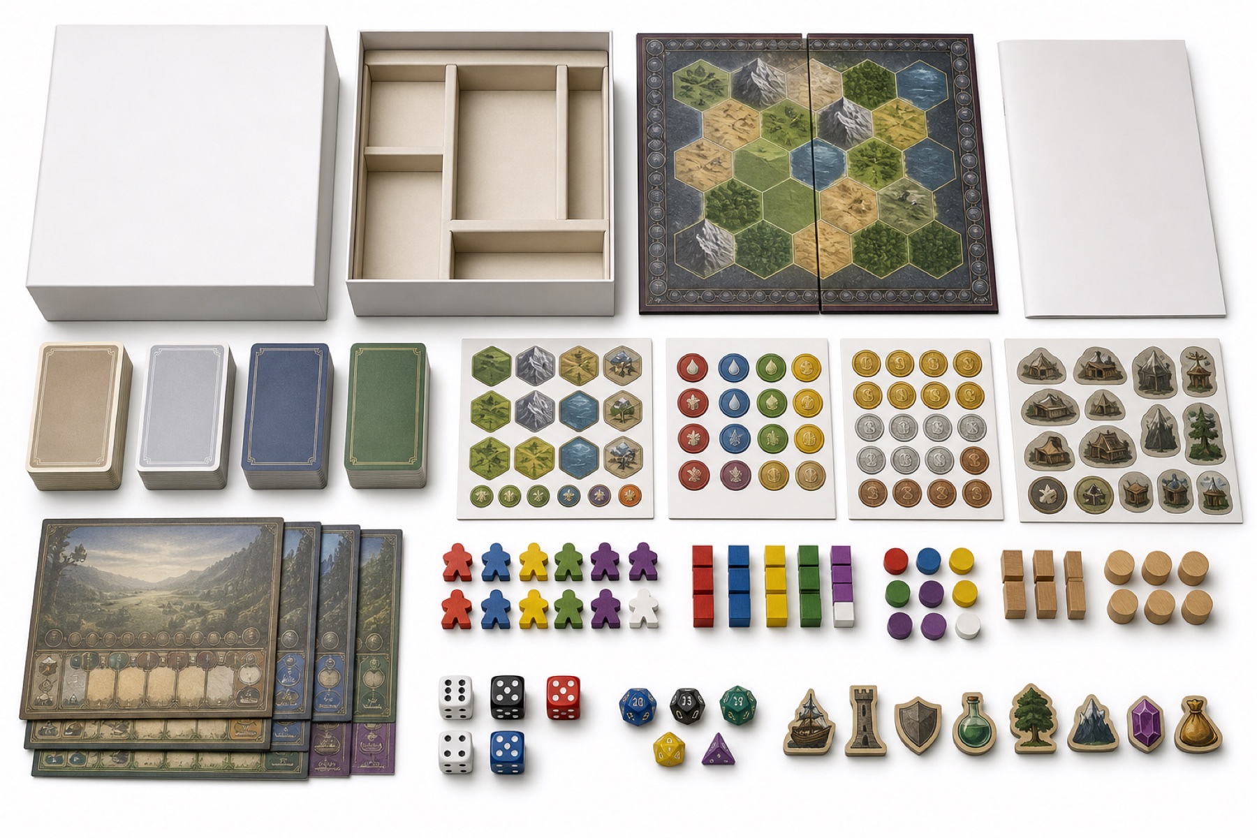 Board Game Manufacturing Cost in China: What Determines Your Quote? Custom board game components arranged for BOM and manufacturing cost review