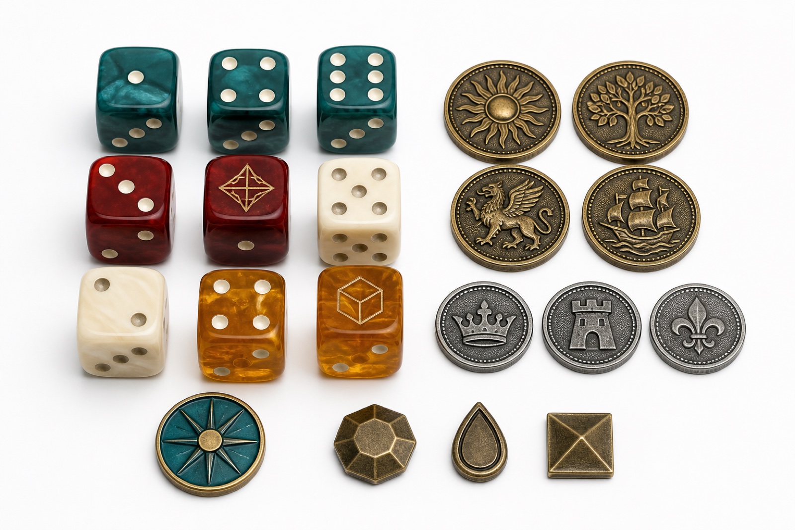 Custom game dice, metal coins, badges and board game accessories