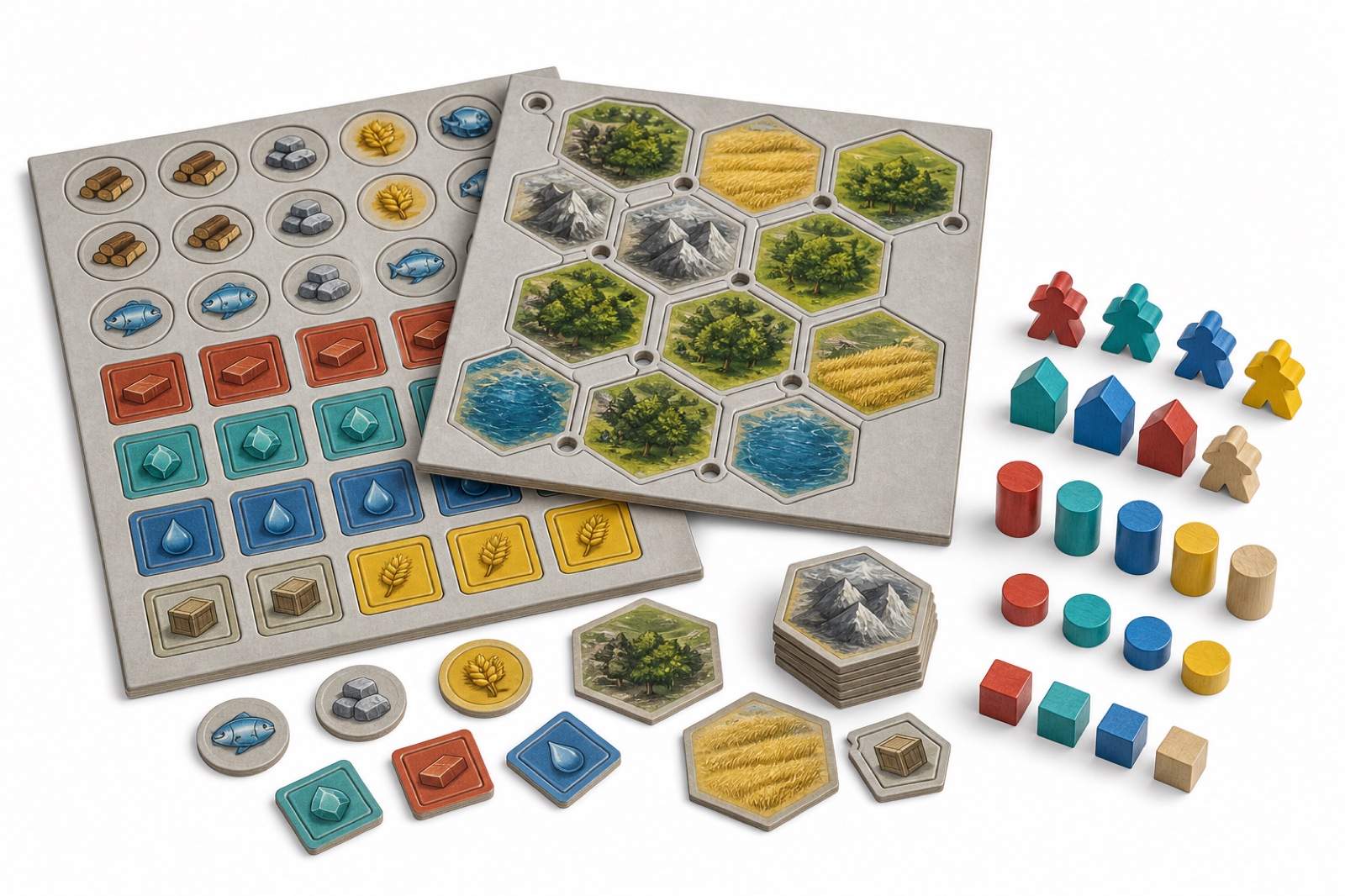 Custom punchboard tokens, cardboard tiles, wooden meeples, cubes and markers