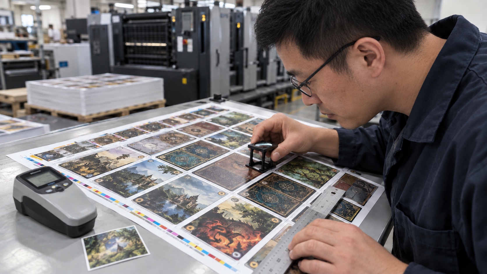 Chinese quality technician inspecting board game card printing color and registration