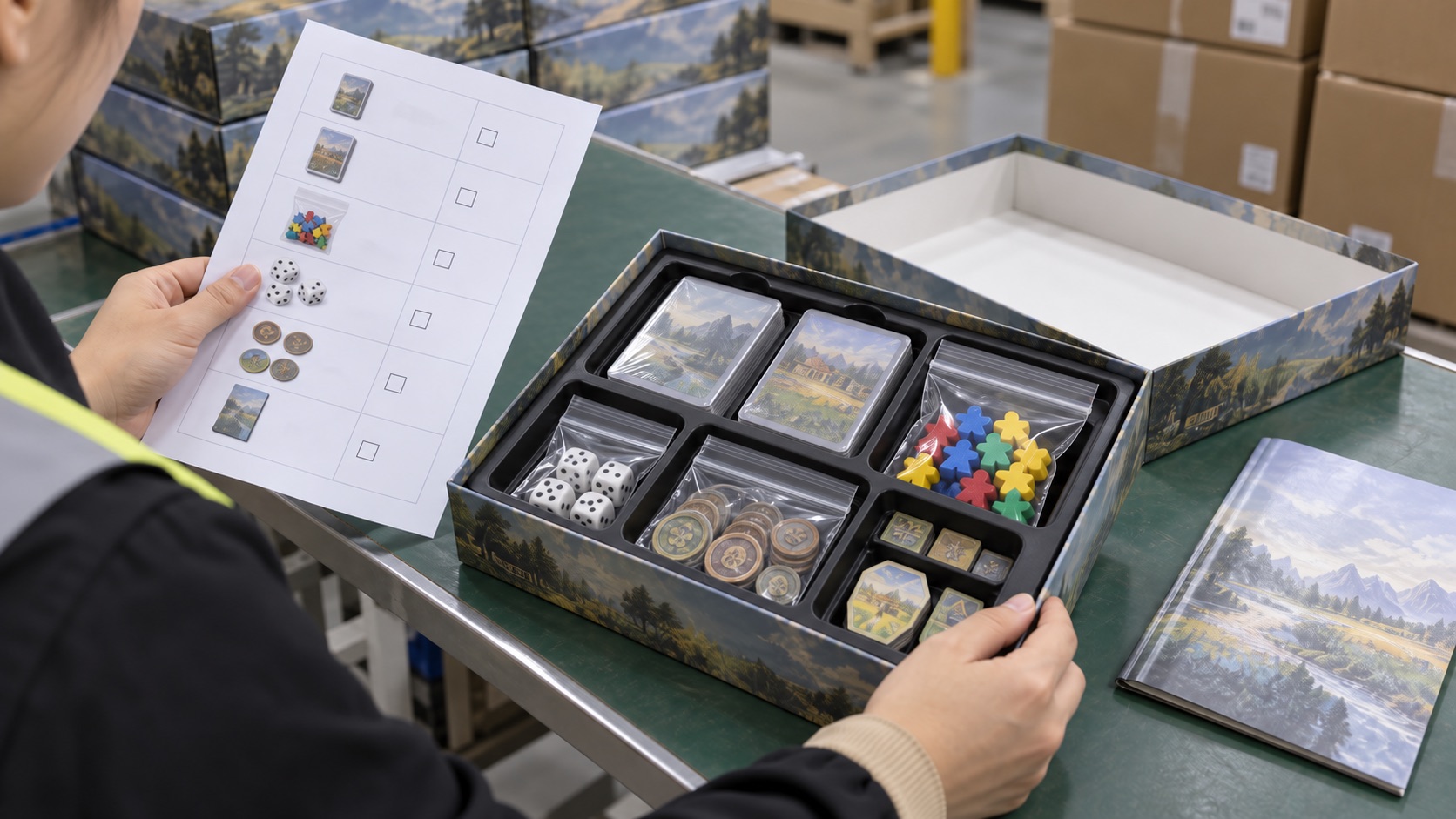 Board game packing inspection with shrink-wrapped cards and components sealed in clear PE bags