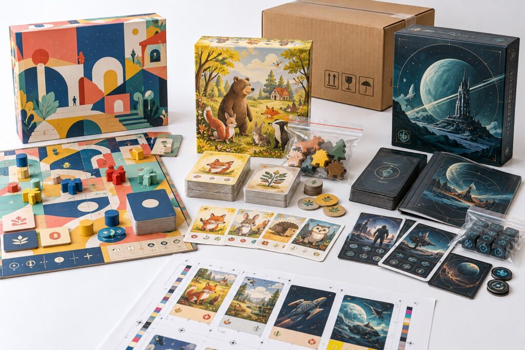 How Long Does Board Game Manufacturing Take? A Practical Production Timeline Three distinct custom tabletop games with printed boxes, boards, cards and a sample print sheet