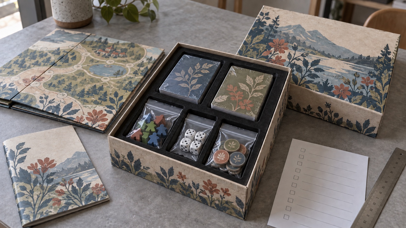 Board game pre-production sample with shrink-wrapped card decks and components in separate clear PE bags