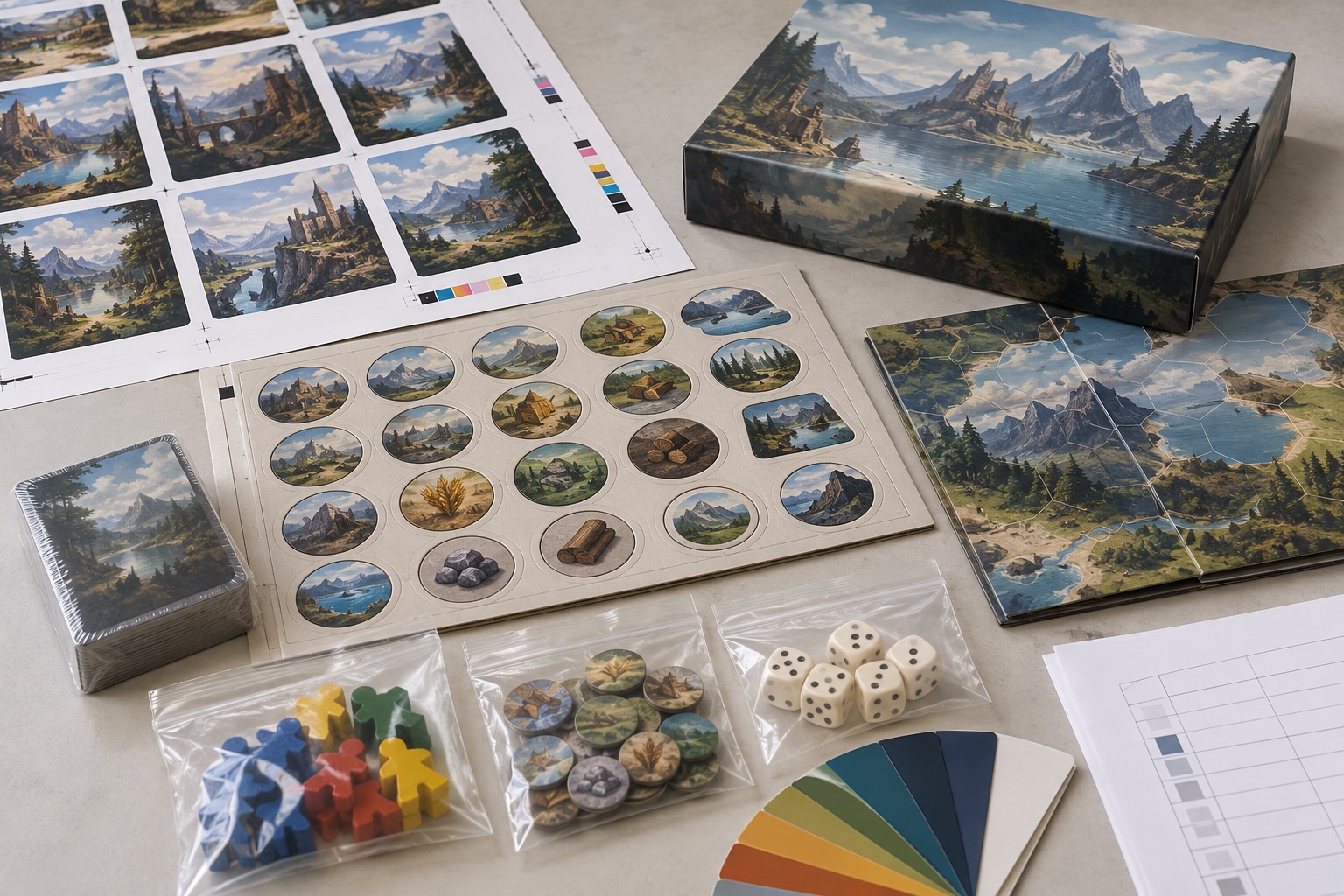 How Long Does Board Game Manufacturing Take? A Practical Production Timeline Board game print sheets, punchboard, wrapped cards and separately bagged components arranged for inspection
