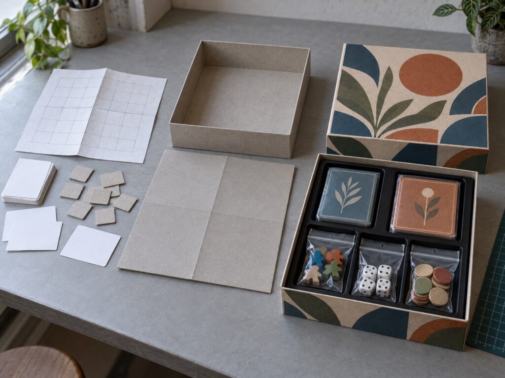 Board Game Prototype vs Pre-Production Sample: What Publishers Need Before Mass Production Board game gameplay prototype, structural white sample and packed pre-production sample displayed side by side
