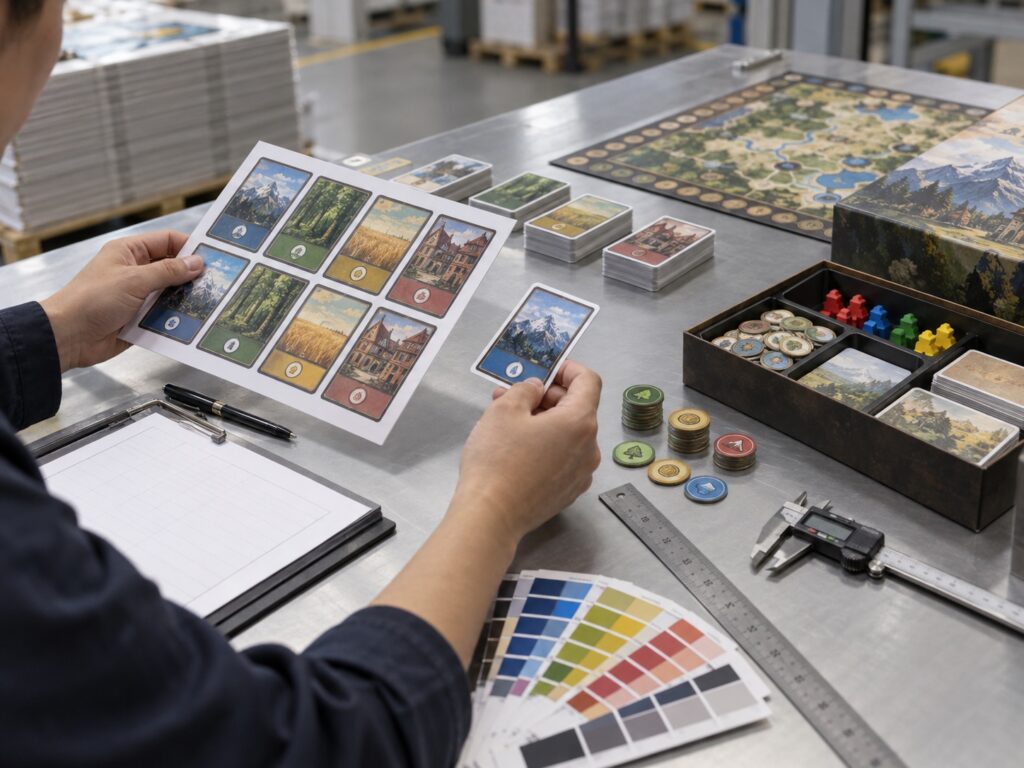Board Game Quality Control Checklist: What Publishers Should Inspect Before Shipment Board game quality inspector comparing printed cards and components before shipment