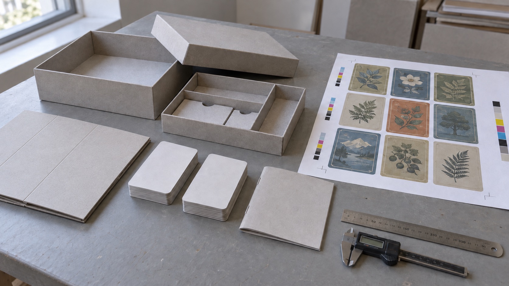 Unprinted board game box, insert, board and cards beside a separate printed card proof