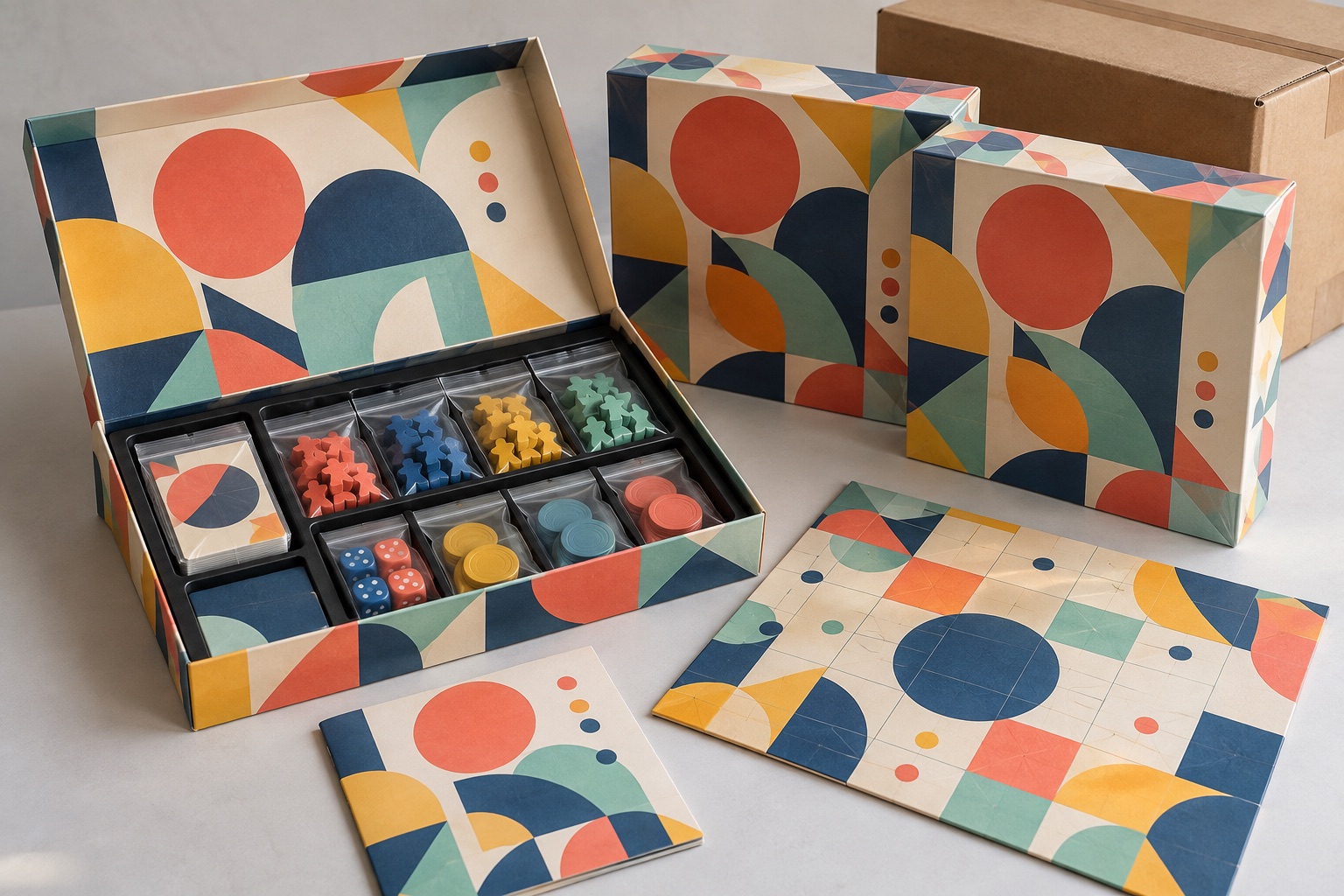 How Long Does Board Game Manufacturing Take? A Practical Production Timeline One matching custom board game with wrapped cards, separately bagged pieces, finished boxes and export carton