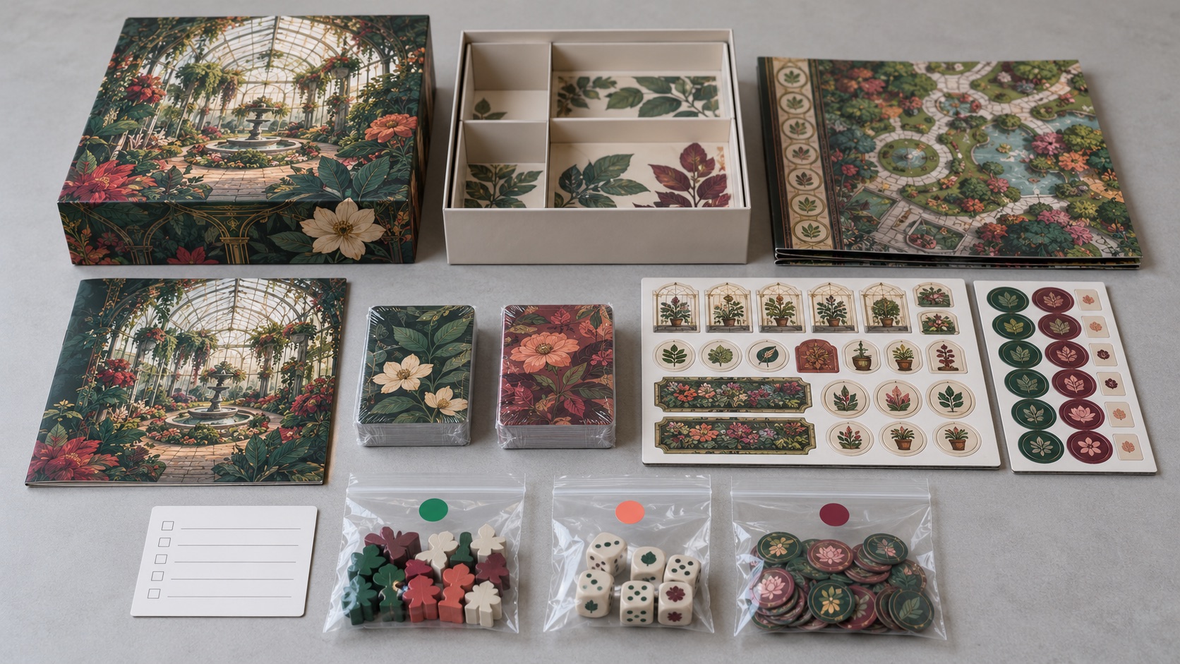 Illustrative board game kitting layout with sealed cards and clear PE bags of pieces