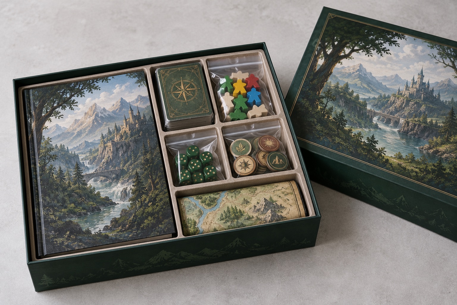 Illustrative board game box set with rulebook, wrapped cards and bagged tabletop components