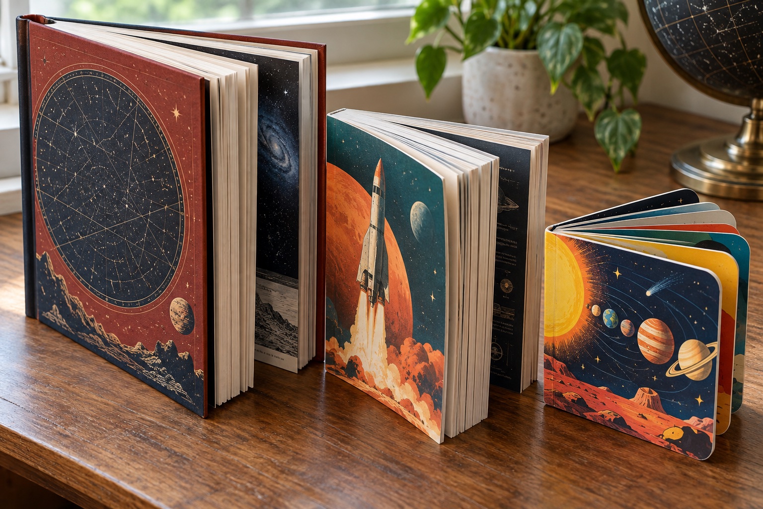 Close view of hardcover pages, paperback binding and thick rounded board-book leaves