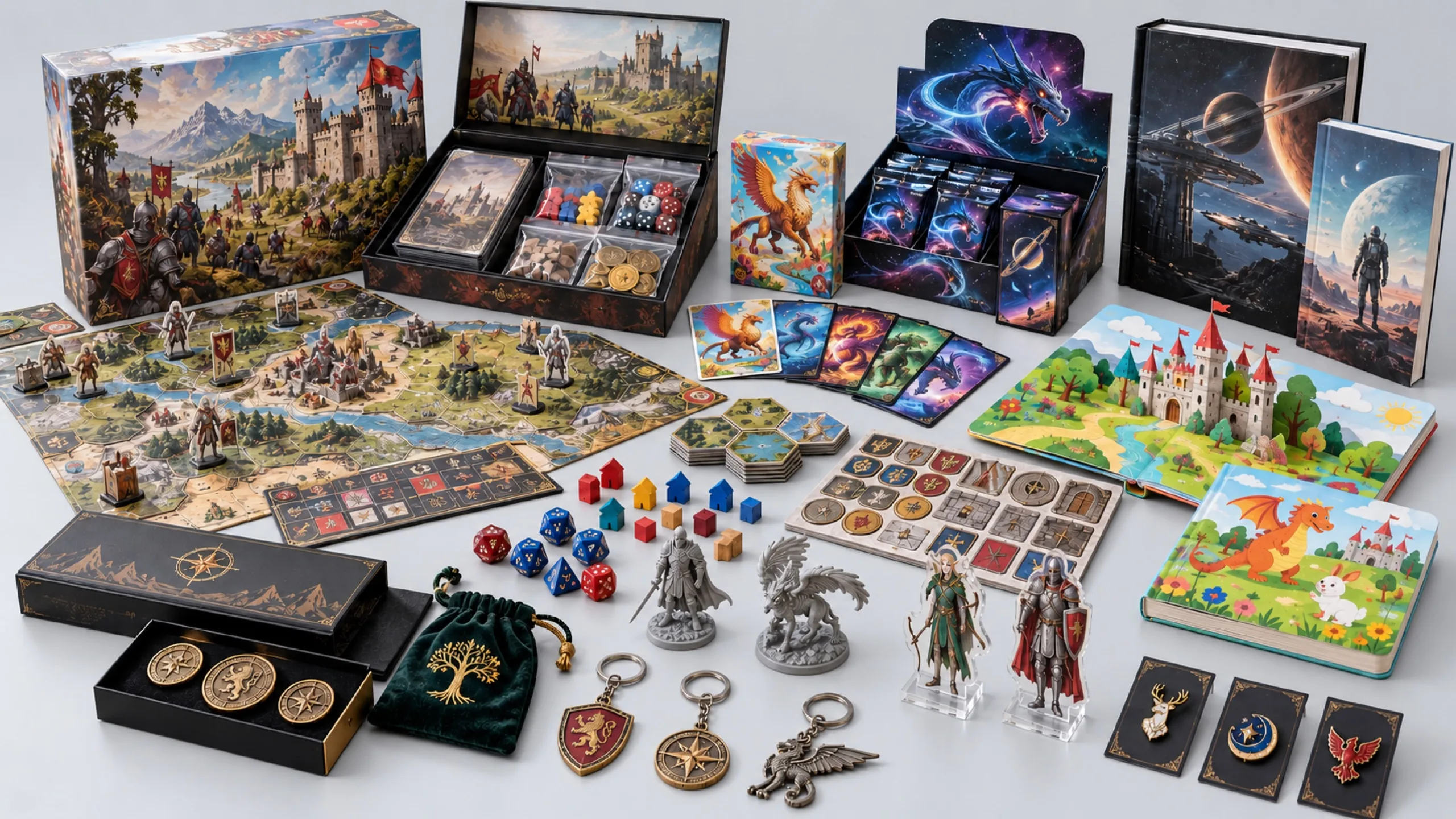 Custom board game product range with cards, books, miniatures, packaging, metal keychains and acrylic standees