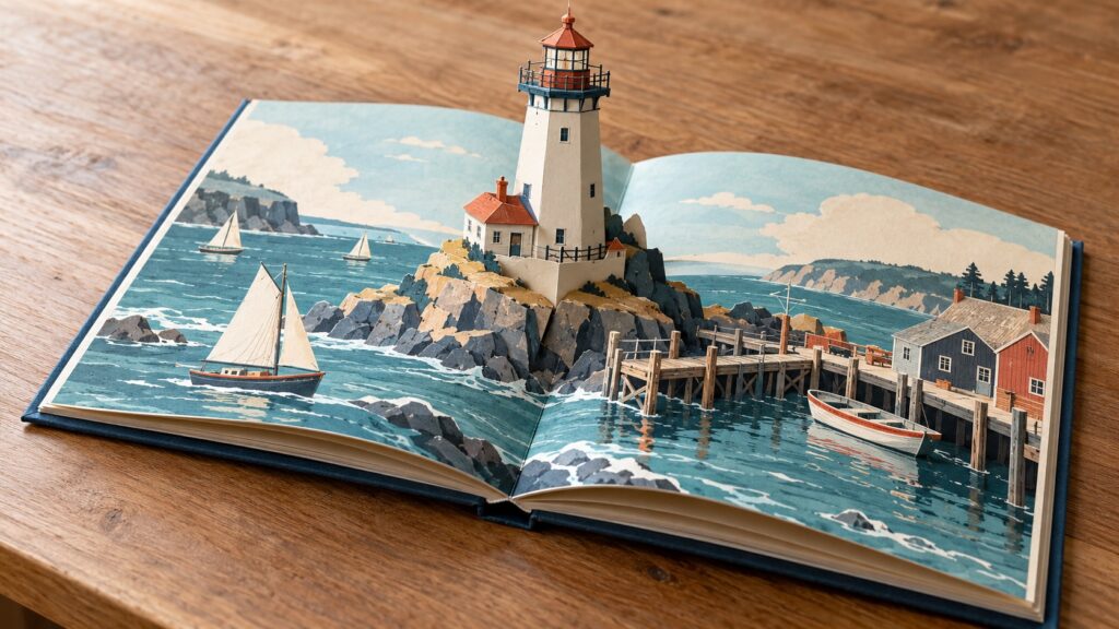 Custom Pop-Up Book Manufacturing: Paper Engineering to Finished Book Illustrative custom pop-up book with a coastal lighthouse paper structure
