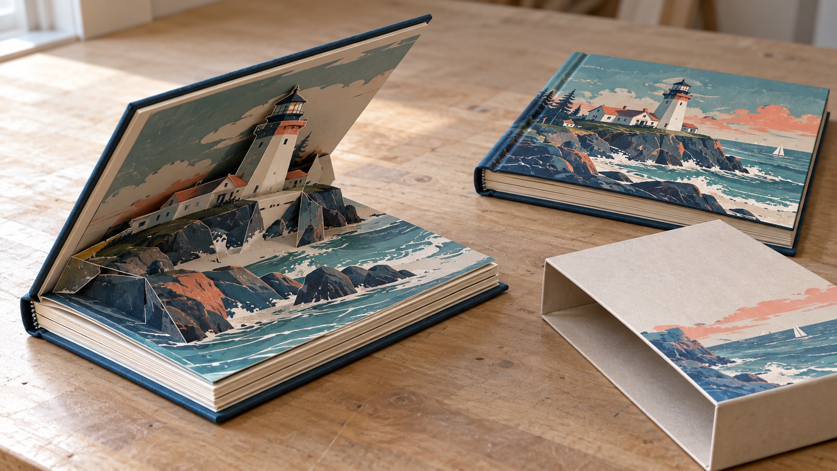 Illustrative finished pop-up book with a matching closed copy and protective sleeve