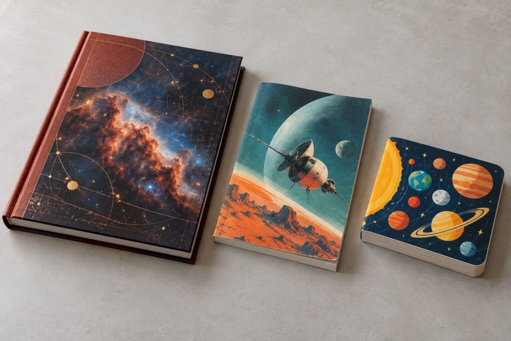 Hardcover, Paperback or Board Book? Choosing the Right Construction for Your Project Space-themed hardcover, paperback and children's board book formats