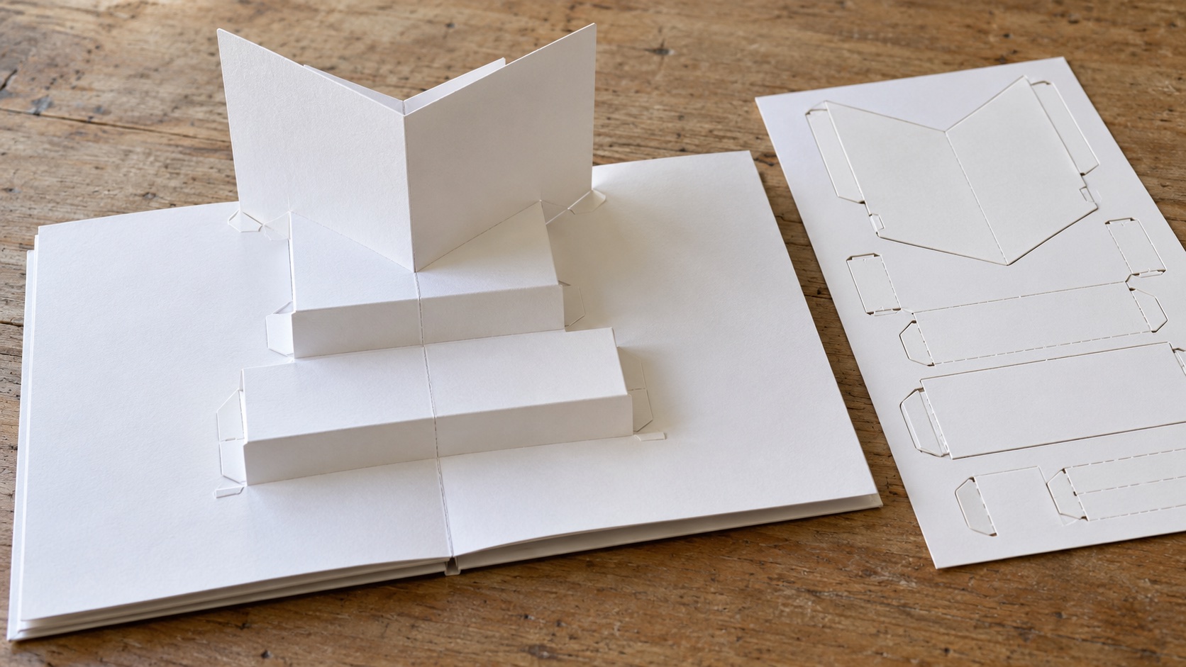 Illustrative white dummy showing pop-up book folds and die-cut paper components