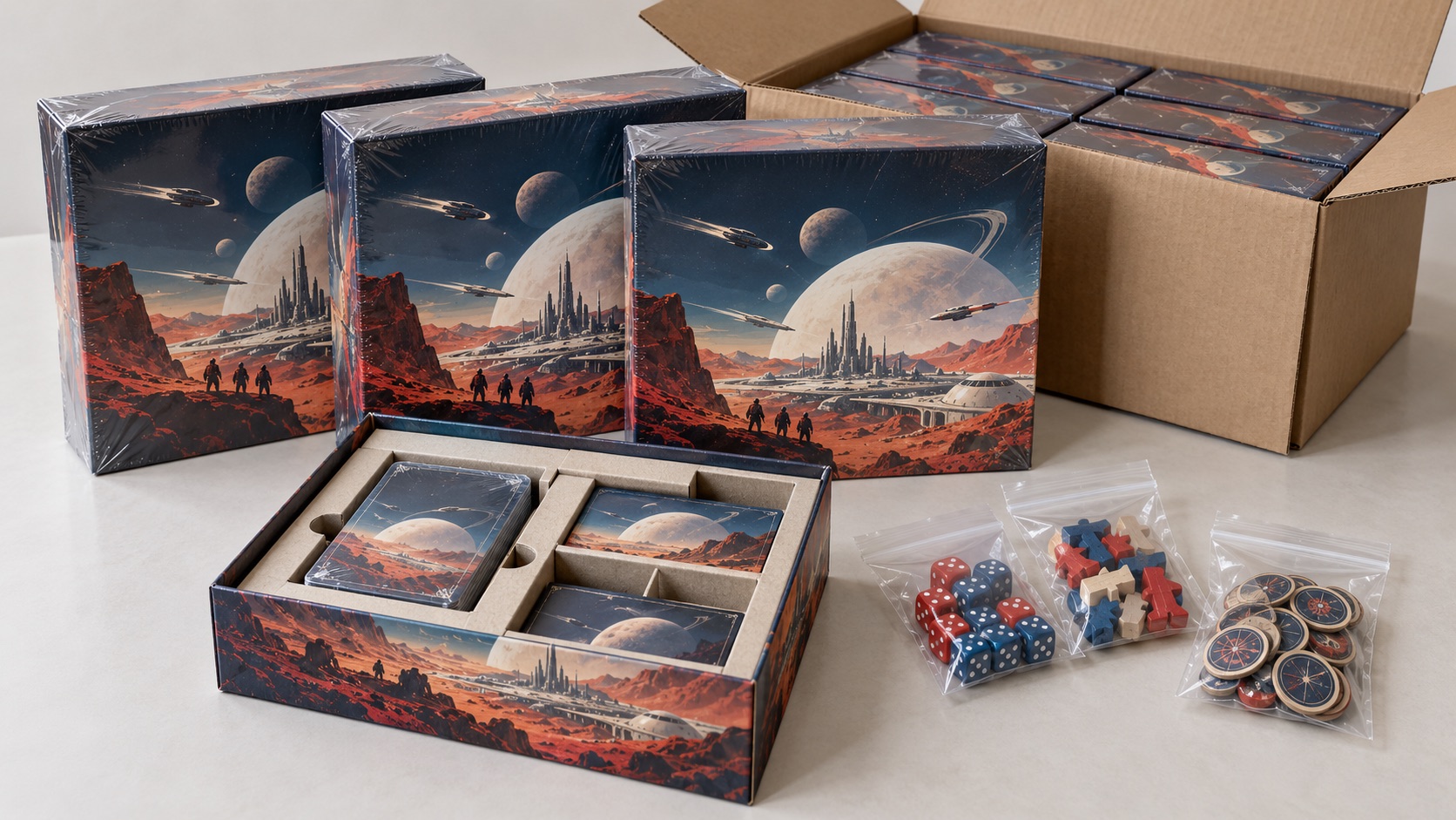 Illustrative retail-packed tabletop game boxes beside an export carton