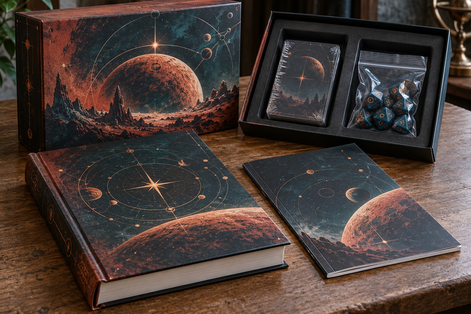 Space-themed tabletop game with hardcover lore book, softcover rulebook, wrapped cards and bagged dice